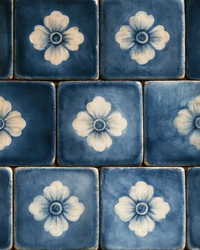 Deep blue square tiles with pale cream flower motifs