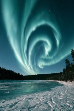Spiraling turquoise aurora above a snowy forest landscape