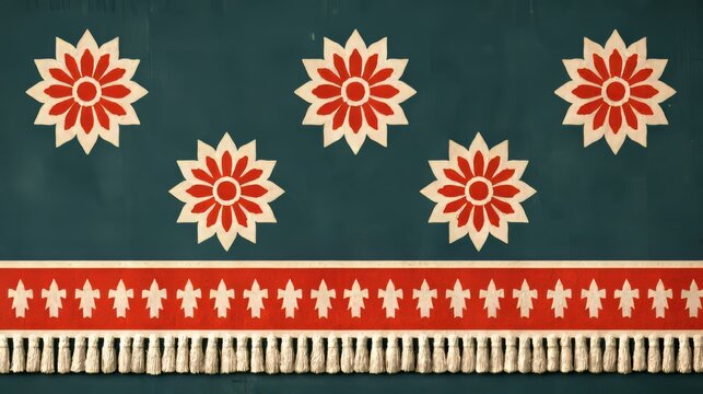 Red and cream flower motifs on dark green decorative fabric