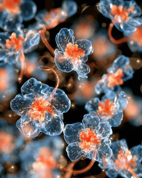 Clear blue glass flowers with bright orange centers