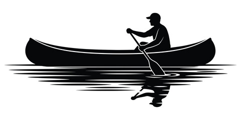 Paddling canoe on lake vector silhouette with water reflection isolated on white background © Adventure