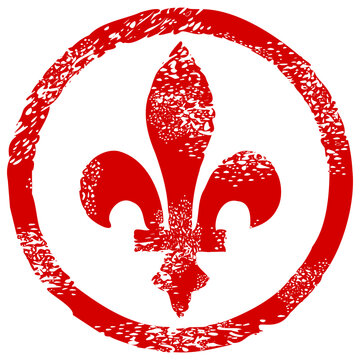 Illustration of fleur-de-lis grunge red stamp symbolizing royal French heritage, monarchy, medieval nobility, coat of arms, and heraldic emblem (cut out)