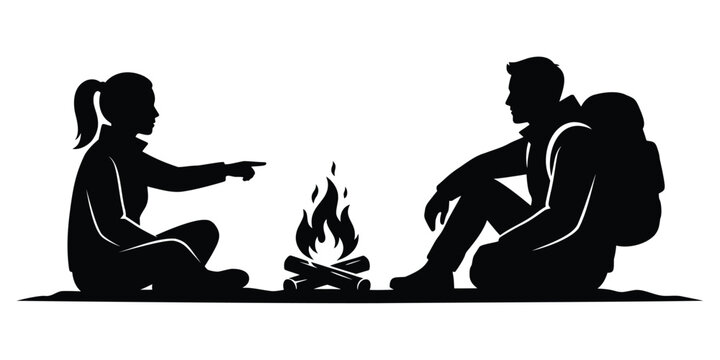 Couples camping with backpack and fire silhouette vector illustration