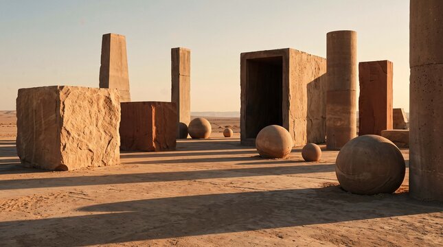 Monumental geometric stone monoliths and spheres in a surreal desert landscape