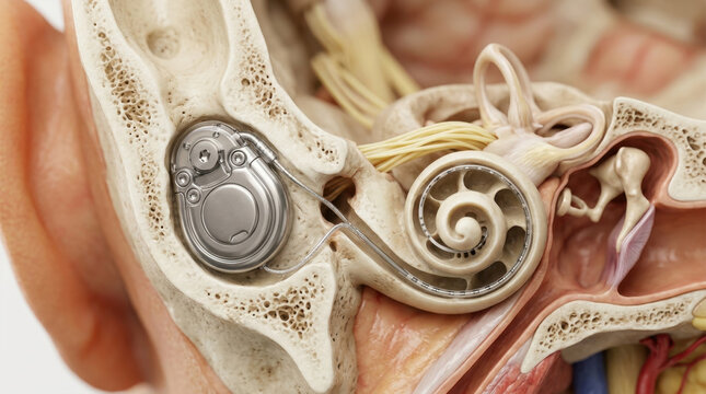 Cochlear implant in temporal bone with internal device, electrode, cochlea, and auditory nerve shown in detailed anatomical model