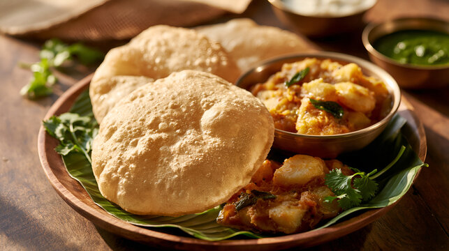 Fluffy golden puris paired with fragrant potato masala capture a classic Indian breakfast in a warm rustic setting.