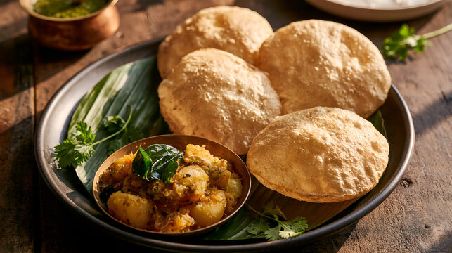 Fluffy golden puris paired with fragrant potato masala capture a classic Indian breakfast in a warm rustic setting.