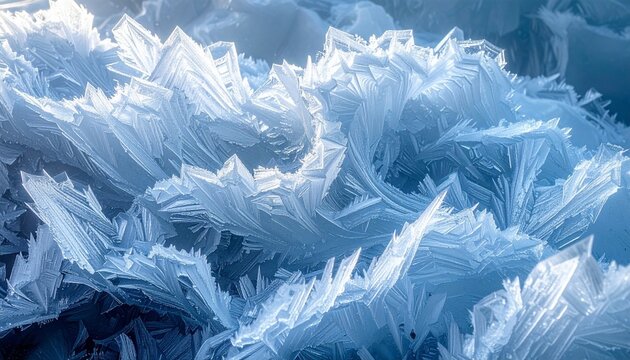 Abstract background image featuring delicate frozen ice crystal formations with sharp geometric patterns and light blue tones for winter design.