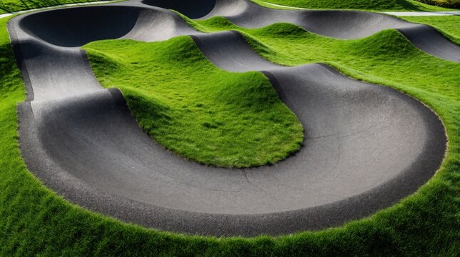 Aerial view of modern asphalt pump track in green park. Curved black paths create geometric pattern among grass mounds. Empty outdoor skatepark for bmx bike, scooter rollerskate training. Extreme