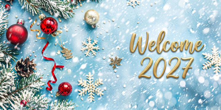Welcome 2027 New Year Background with Christmas Baubles and Snowflakes