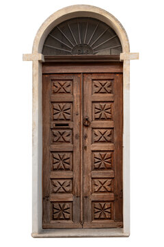 Rustic vintage wooden double entrance door featuring intricate geometric star carvings, an antique iron knocker, and  arched fanlight with decorative metal grille, isolated
