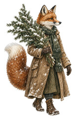 Naklejka premium Male anthropomorphic fox in winter coat holding snowy branches, PNG transparent background