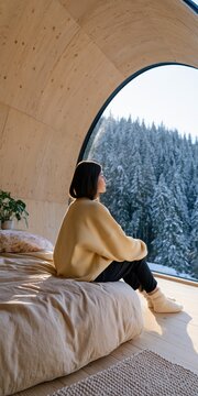 Woman sitting on bed by large arched window overlooking snowy forest for cozy cabin interior background and relaxation design