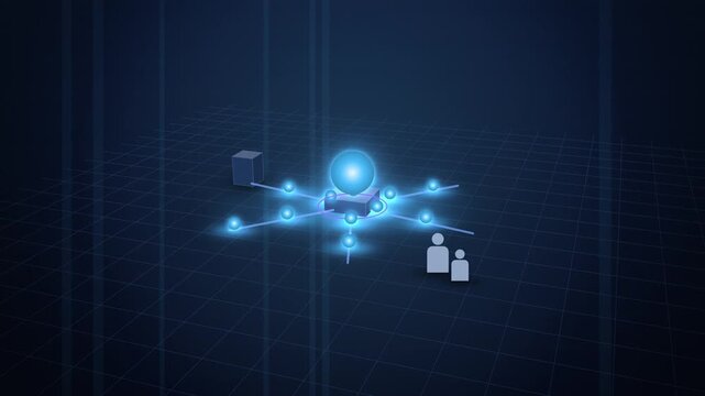 Blue data streams converging into a growing AI hub close view