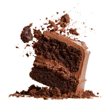 Decadent chocolate cake slice exploding with crumbs during a dramatic studio shot Isolated on transparent background