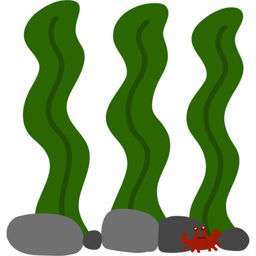 Green Seaweed with Small Red Crab Simple Underwater Illustration