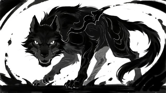 Angry black wolf in monochrome art