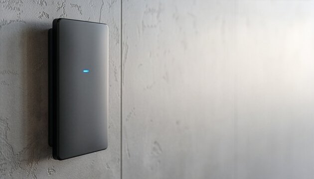 Contactless RFID wall card reader with blue LED on concrete for office access control banner