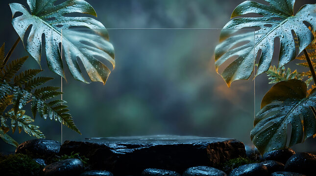 Moisture-covered leaves framing a misty natural scene with copy space for text or design