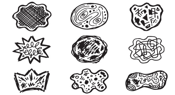 Black and White Hand Drawn Comic Doodle Stickers Collection with Abstract Emblems, Starbursts, Graffiti Lettering and Bold Outlines