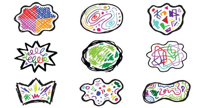 Colorful Hand Drawn Scribble Shapes Collection for Creative Doodle Design Elements and Artistic Vector Illustrations