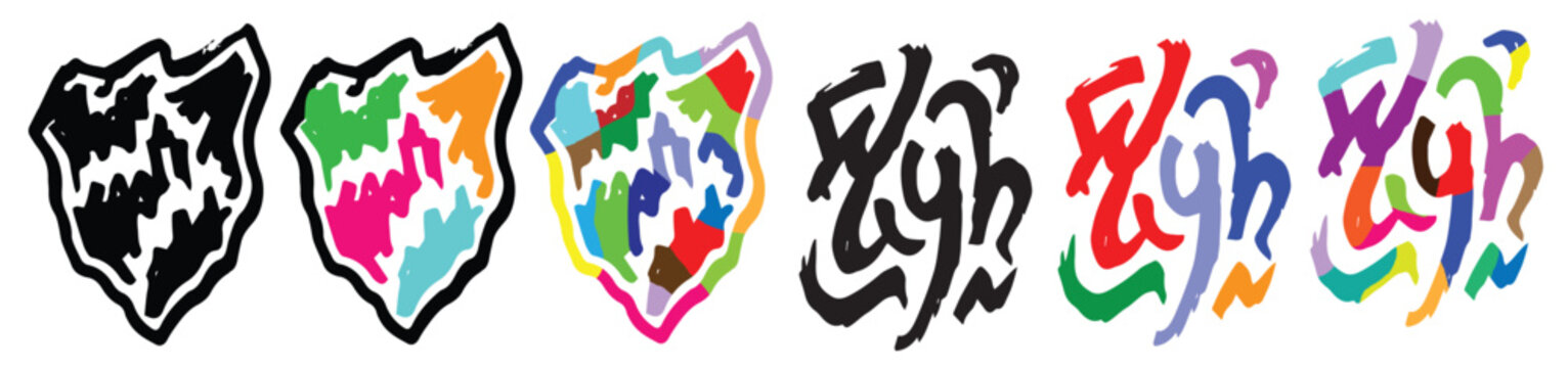 Colorful Hand Drawn Graffiti Lettering and Comic Shield Stickers Collection with Bold Outlines and Vibrant Street Art Style