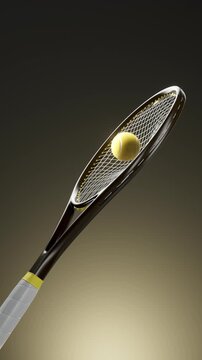 Loop Yellow tennis ball bouncing into strings of black and yellow racket in closeup studio lighting showing upward motion and impact with racket face of equipment and action scene.