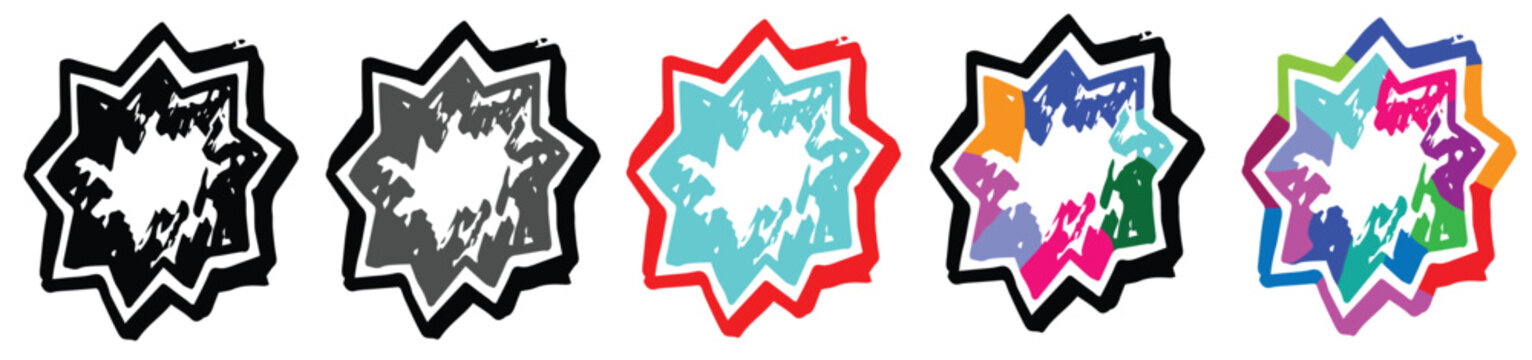 Colorful Comic Starburst Stickers with Bold Black Outlines and Vibrant Neon Accents Hand Drawn