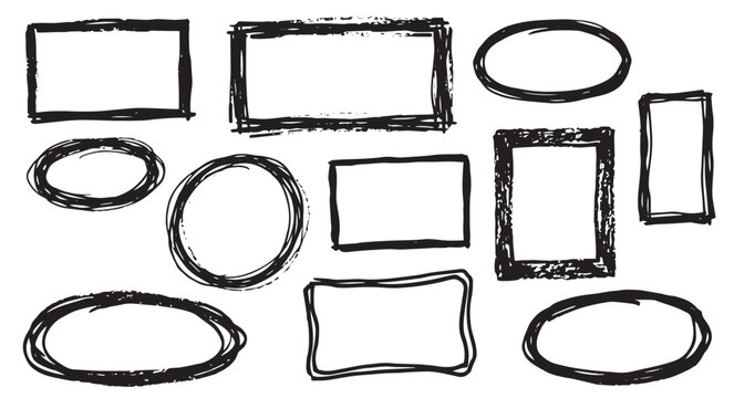 Black Hand Drawn Rectangular and Oval Frames Collection with Rough Sketch Outlines for Labels, Borders, and Creative Designs