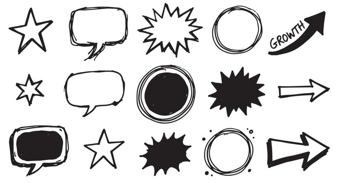 Hand Drawn Black Arrow Speech Bubble Star Burst Circle Symbol Set Isolated on Transparent Background