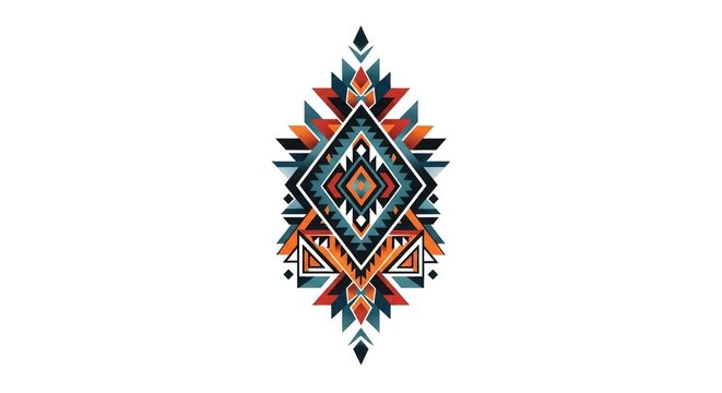 Vibrant Geometric Tribal Pattern with Diamond and Triangle Motifs in Teal, Orange, and Red