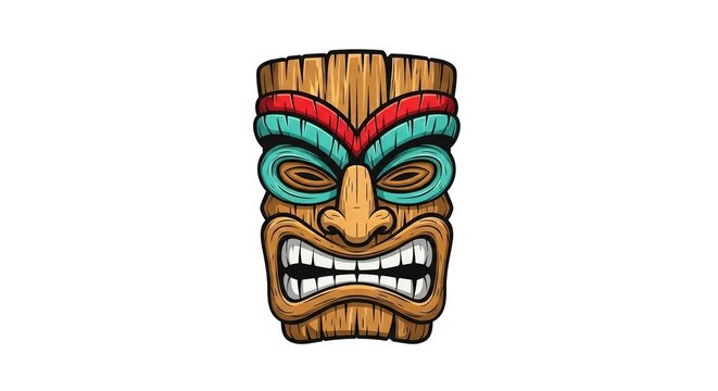 Aggressive Wooden Tiki Mask with Vibrant Colors and Fierce Expression, Isolated on White Background