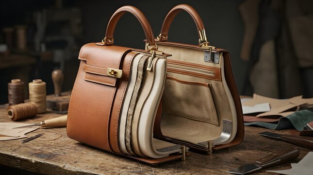 Handcrafted leather handbag with contrasting calfskin and smooth suede trim displayed open on workbench