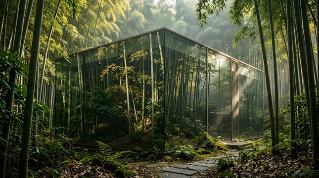 Glass building surrounded by dense bamboo forest with sunlight filtering through