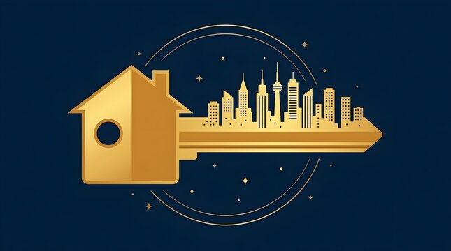 House shaped key with city skyline on dark cosmic backdrop vector illustration
