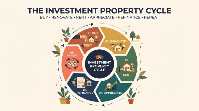 Investment Property Cycle Illustrated with Warm Earthy and Vibrant Green Color Palette