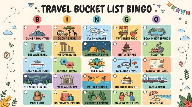 Travel Bucket List Bingo colorful illustrated cards with smooth pastel background