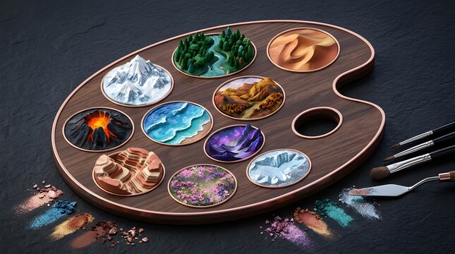 Artist's palette displaying miniature nature scenes from an overhead perspective with scattered pigments and brushes a 3D render