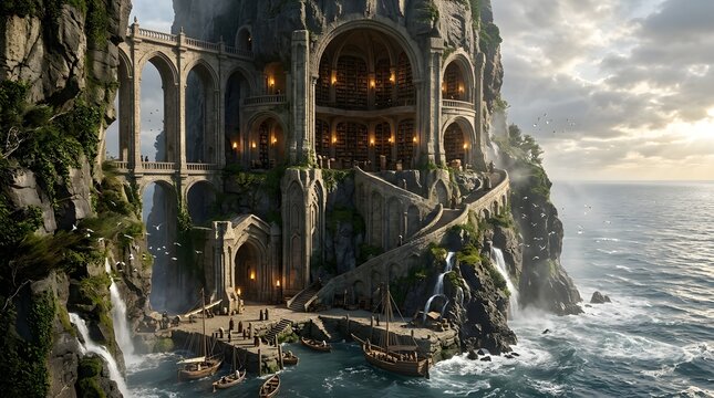 Ancient cliffside fortress with weathered stone and moss covered arches overlooking ocean waves