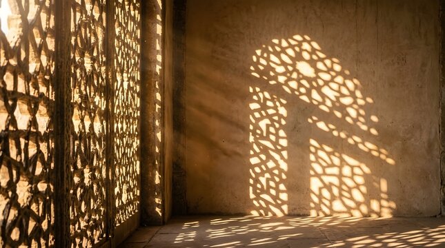 Decorative lattice panels casting intricate light patterns on wall