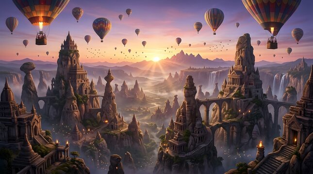 Floating hot air balloons over ancient golden spires and castles at golden hour