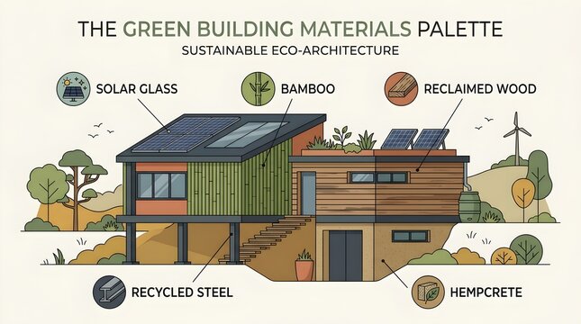 THE GREEN BUILDING MATERIALS PALETTE SUSTAINABLE ECO ARCHITECTURE Sustainable house featuring solar panels and natural materials