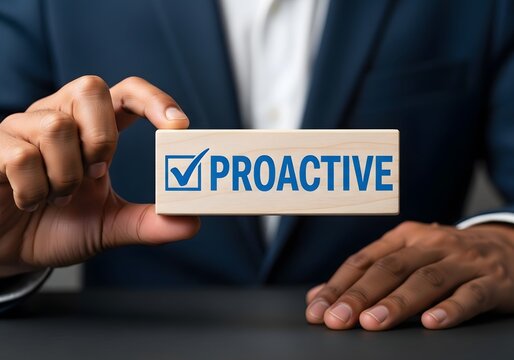 Close-up of a businessman holding a wooden block with the proactive concept and checkmark