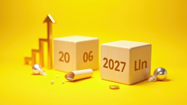 optimistic new year transition wooden blocks 2026 to 2027 on yellow surface symbolizing business growth and future planning