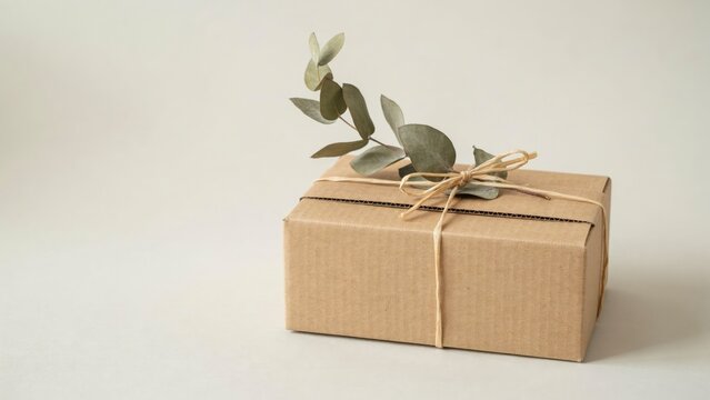 Decorated cardboard box with greenery tied as gift presentation on neutral background with wrapped twine adorned adorned small green green plant sprig