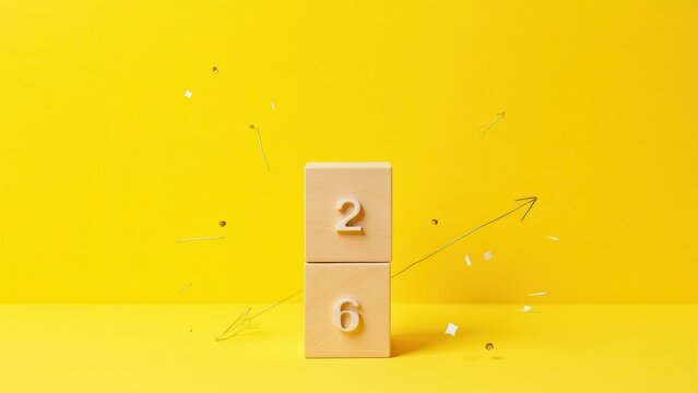 stack of natural wood blocks displaying 2026 and 2027 on vibrant yellow for corporate goal setting and business planning