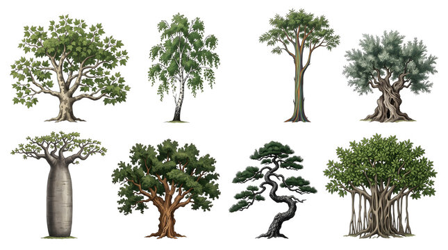 Various types of trees species botanical vector illustration isolated on transparent background