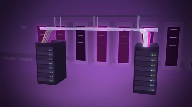 Purple overhead cable tray with fiber light pulses coming to life