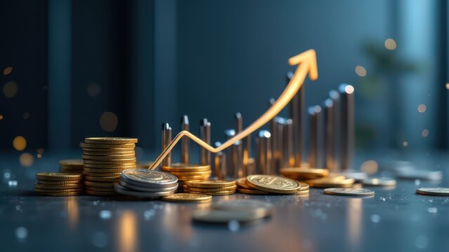 abstract financial growth investment strategy gold silver coins with upward trend arrow graph on blue background for corporate marketing