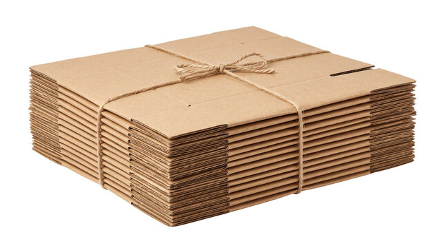 Stack of folded cardboard boxes tied with twine on transparent background